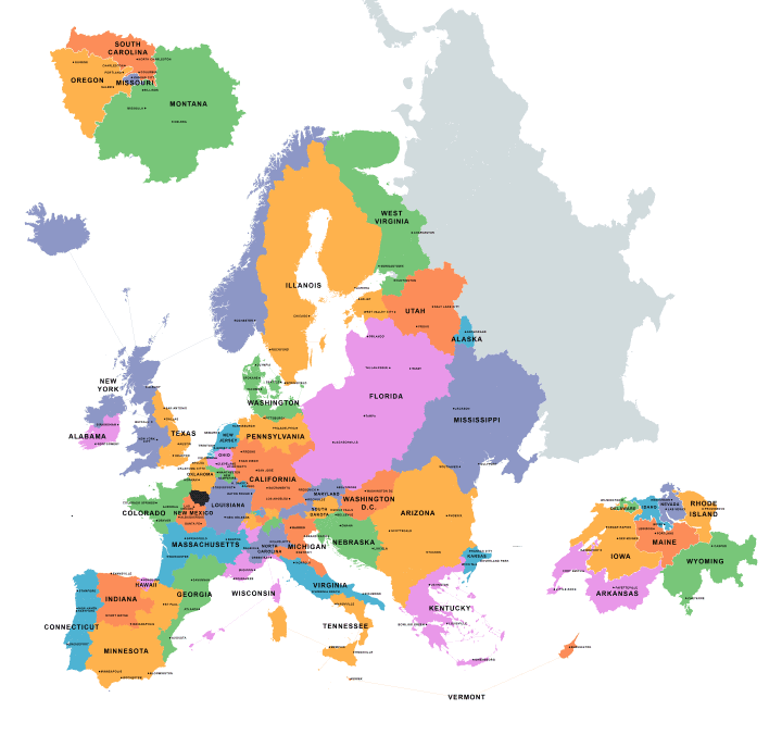 Områder i Europa sammenlignet med amerikanske stater med samme BNP og tilsvarende byer