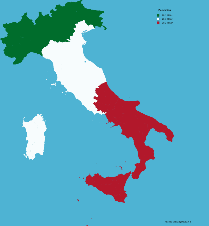 イタリアを人口が等しい3つの地域に分割