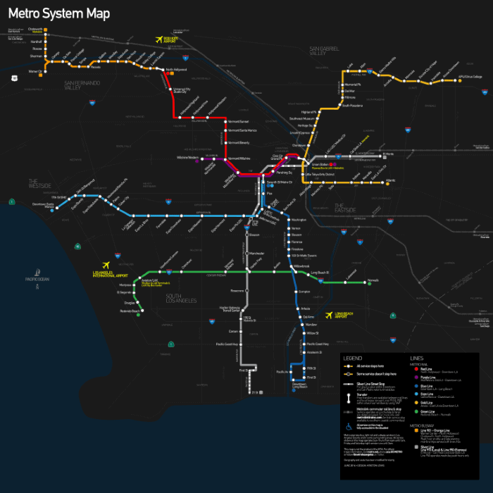 Los Angelesin piirikunnan metron ja metrolinjojen kartta