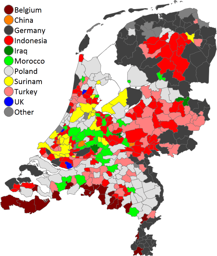 オランダで最も多い外国人出生国（市区町村別