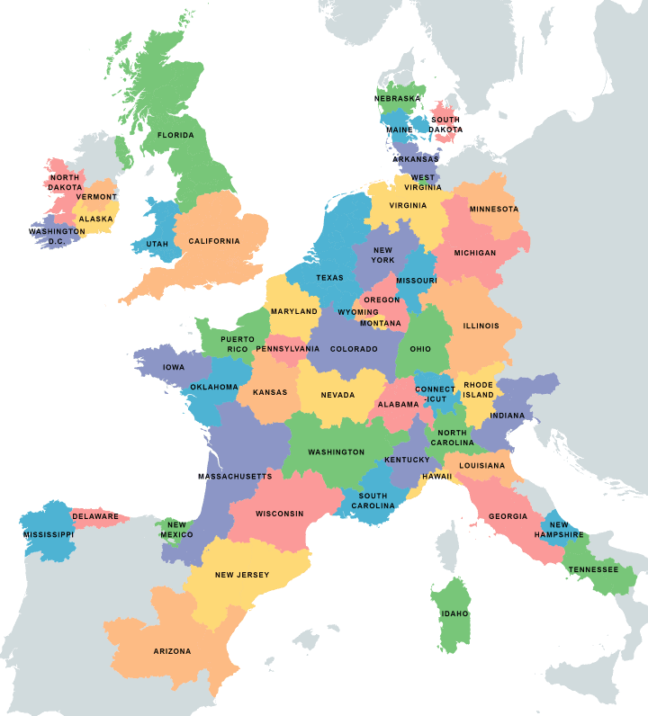 Yhdysvaltojen osavaltiot Euroopan alueilla, joilla on sama väestö, päällekkäin.