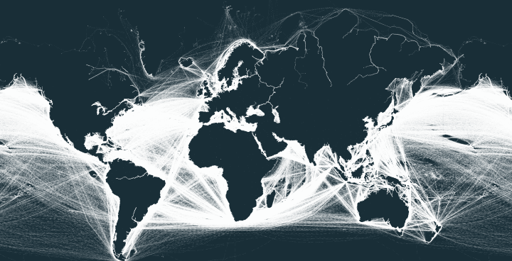 Die Umrisse der Kontinente können anhand von Schifffahrtsrouten visualisiert werden